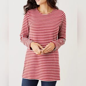 J.Jill Red & Grey Striped Button Shoulders Cotton Tunic Top